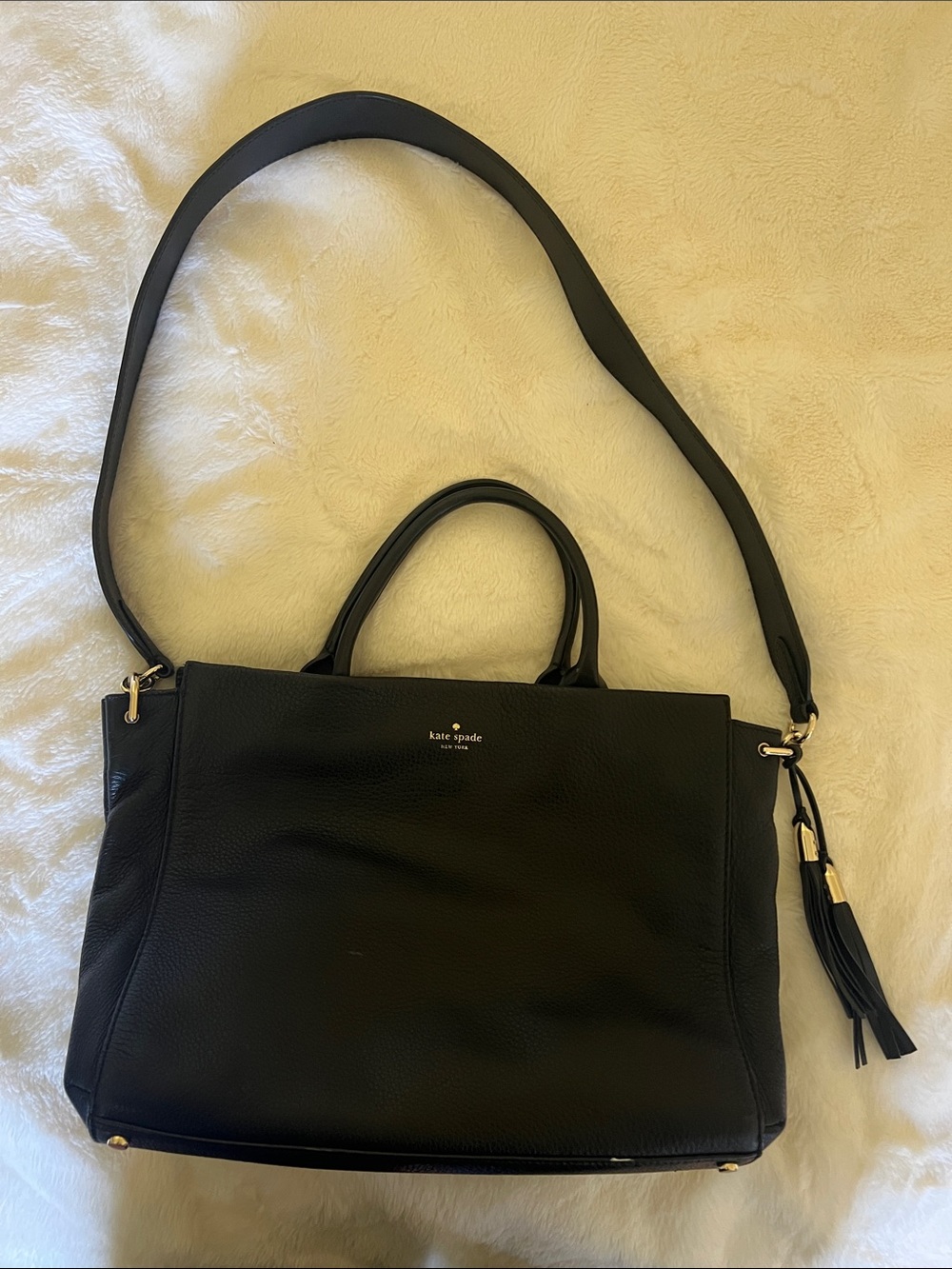 kate spade Black Pebbled Leather Shoulder Tote with Tassel